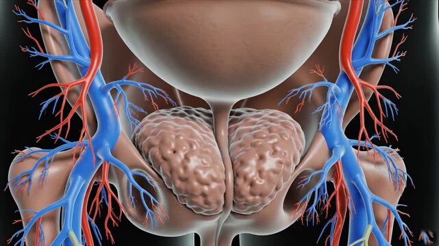 Detailed 3D medical illustration showing the human prostate gland with surrounding blood vessels urinary bladder and anatomical structures highlighting vascular and glandular anatomy