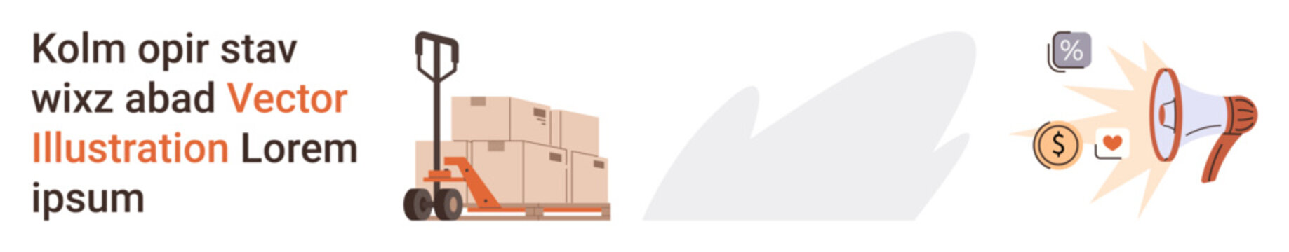 Logistics, supply chain, e-commerce, product delivery, marketing, warehousing. Pallet jack with stacked boxes and icons of speaker, coins and mail. Logistics and supply chain concept