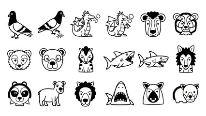 Obraz premium Cartoon animal set pigeon dragon bear shark lion panda dog vector icons