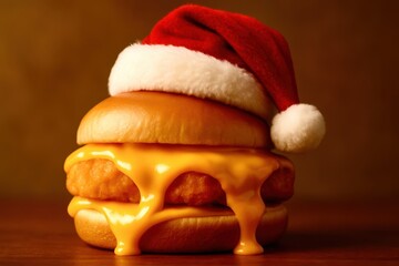 A hamburger with a santa hat on top of it