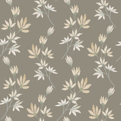 Hand drawn, watercolor beige wildflowers, green olive color background. Seamless floral pattern-984.