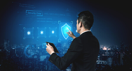 A concept of an advanced cybersecurity system. The futuristic interface shows a multi-factor authentication process using a secure password or PIN for enhanced data protection. Fermion