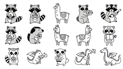 Fototapeta premium Cartoon animals illustrations in black and white with various objects and expressions