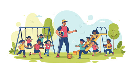 Obraz premium Children playing happily with their teachers on the playground in a joyful kindergarten illustration
