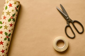 A pair of scissors and a roll of tape are on a table with a patterned background