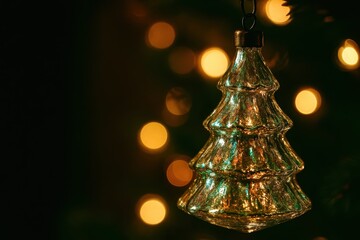A Christmas tree ornament hangs from a tree