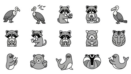 Cartoon animal collection vector illustrations in grayscale color scheme © jupri