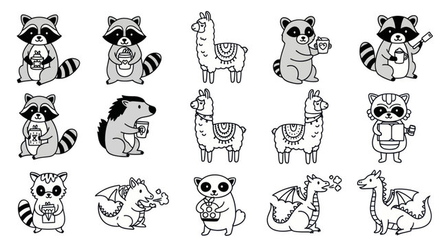 Cartoon animals illustrations in black and white with various objects and expressions
