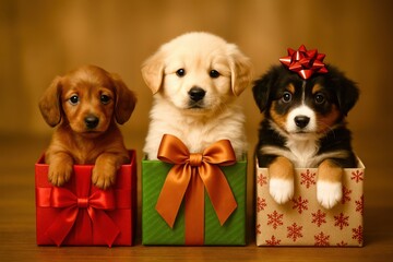 Three puppies are sitting in three different sized boxes, each with a red bow