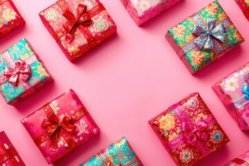 A row of colorful presents with bows on them