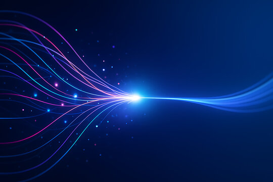 Dynamic neon data flow with colorful digital lines and particles converging into a single bright glowing central energy point