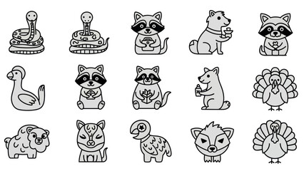 Cartoon animal illustrations raccoons snake turkey dog fox and other wildlife © Twel