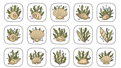 Cartoon seashells and seaweed icons for marine life themes and designs © sopoyo