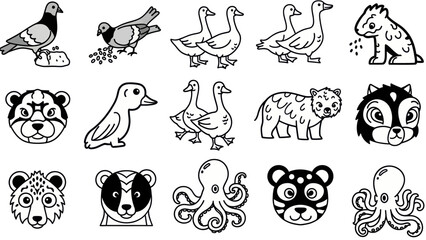 Obraz premium Cartoon animals and aquatic creatures in black and white line art illustrations