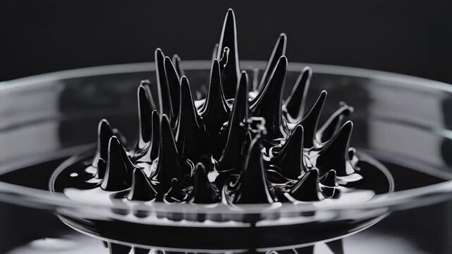 shiny ferrofluid structures observed, laboratory ferrofluid formations under magnetic influence, visualization of magnetic field effects on ferrofluid surface tension and spike formation