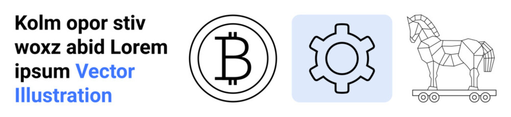 Bitcoin logo, gear icon, and Trojan horse outline representing cryptocurrency, digital systems, malware. Ideal for technology, finance, blockchain, cybersecurity innovation hacking simple landing