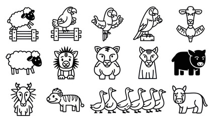 Cartoon animal icons in black and white for diverse design applications