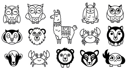 Cartoon animal illustrations in black and white for design projects © kuyilg