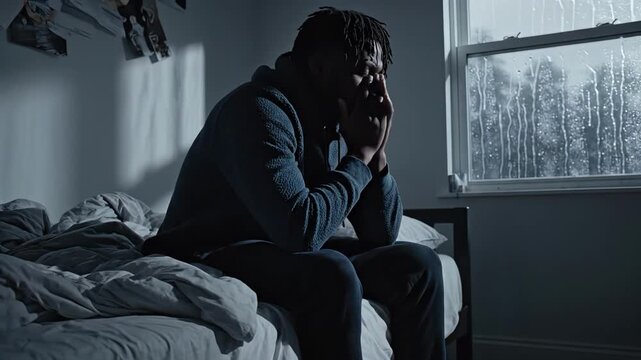 black man sitting on bed, rainy window; exhausted student clutching head, tense posture, dim blue lighting, unmade sheets, winter chill, silent room conveying isolation and mental health struggle