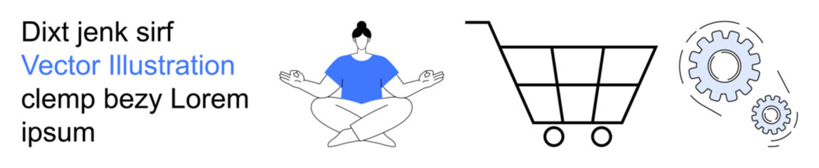 Wellness, e-commerce, productivity, balance, mindfulness, business tools. Seated person meditating, shopping cart and gear icons. Wellness and e-commerce concepts