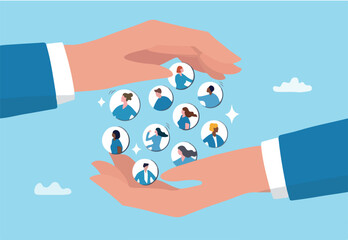 Customer retention, marketing strategy for customer loyalty, employee engagement, recruitment or human resource hiring, consumer care or benefit concept, businessman hand holding customer with care