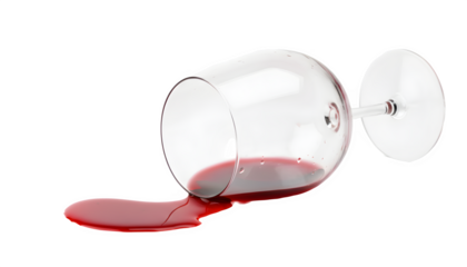 Red wine glass spilling liquid creating a mess