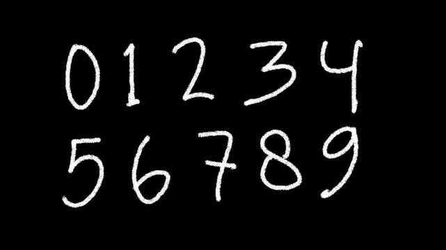 Handwritten numbers zero to nine in white chalk style on a black blackboard background, Stop motion animation of fast writing scribble with artistic chalk texture