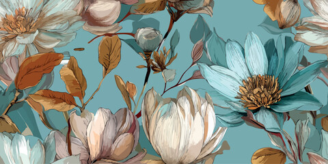 Detailed luxury seamless pattern with sketch-style magnolia flowers and brown leaves on a blue-green background for fabrics, wallpapers, and design © Eli Berr