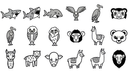 Cartoon animal illustrations shark bird bear owl llama and lion icons © Twel