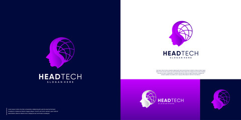 Human head logo with a digital database technology concept, global services, vector graphic template.