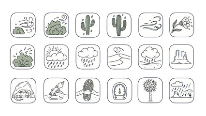 Weather icons set representing climate conditions and natural phenomena