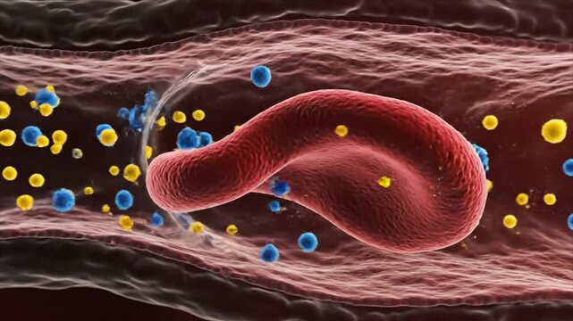 Visualization of a sickle shaped red blood cell moving through a narrow blood vessel surrounded by yellow and blue particles illustrating blood flow disruption and cellular deformation