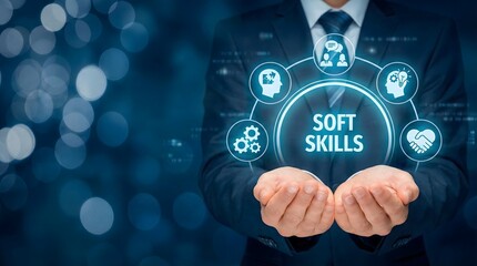 A corporate business professional in a dark suit holds their hands out, palms up, framing a glowing blue, circular diagram with the text "SOFT SKILLS" at its center