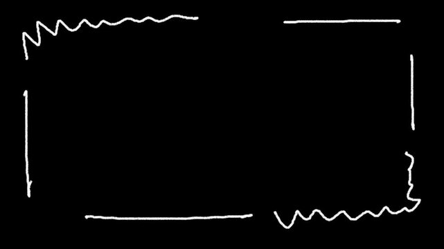 White square frame in handwritten chalk style on a black background, Stop motion animation of fast rough wavy border with glitch effect