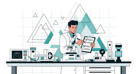 Detailed illustration portraying a researcher in laboratory setting conducting scientific research