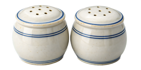 White Ceramic Salt and Pepper Shakers with Blue Stripes