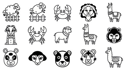 Cartoon animal illustrations sheep crab llama panda bear icons for design © Twel