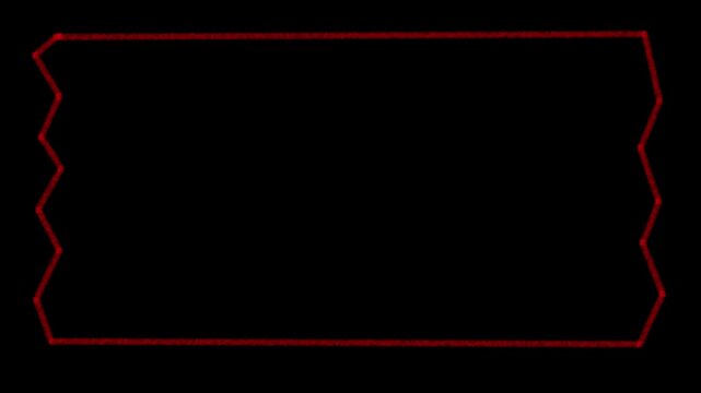 Red rectangular frame on a black background with jagged torn edges, Stop motion animation of rough digital stamp shape with fast movement