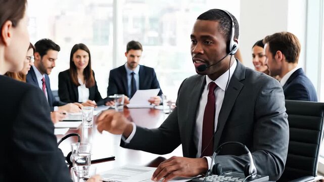 executive speaking at boardroom meeting with headset and documents, engaging in negotiation and presenting proposals to delegates around polished conference table, formal corporate setting