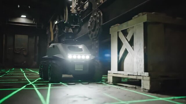 autonomous inspection robot navigates industrial vault under dim overhead lamp, green laser grid projected across concrete floor, wheeled rover with bright headlights and articulated arm passes heavy