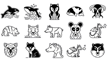 Cartoon animal illustrations in black and white for design projects and concepts © kuyilg