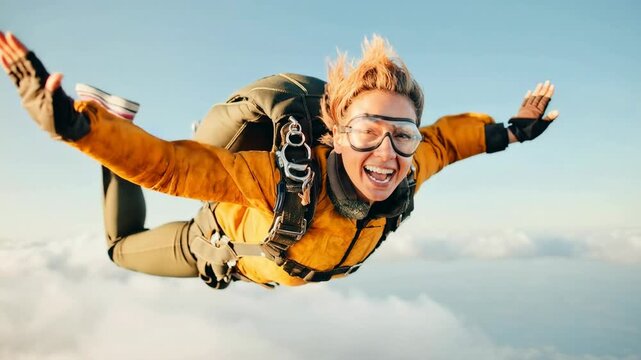 Skydiver in yellow suit smiles widely while flying through clouds capturing extreme sport adrenaline freedom and pure joy