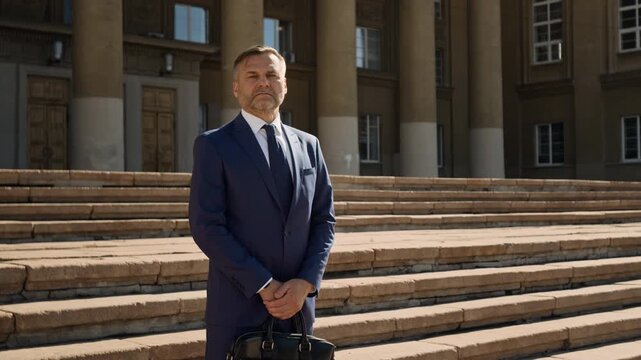 Medium portrait of mature, confident Caucasian male legal attorney or state prosecutor, wearing blue suit and tie, holding briefcase with documents, standing on steps of court hall, ready for trial