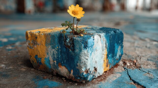 Bright yellow flowers grow from a weathered block of stone against a blue wall in an urban setting on a sunny day