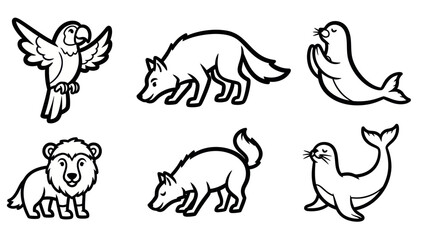 Cartoon animal illustrations in black and white for design projects and graphics