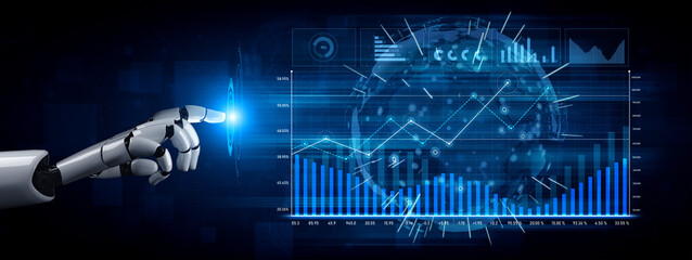 A robotic hand engages with a dynamic digital interface displaying data, graphs, and global metrics, symbolizing the fusion of technology and analytics. Scalp