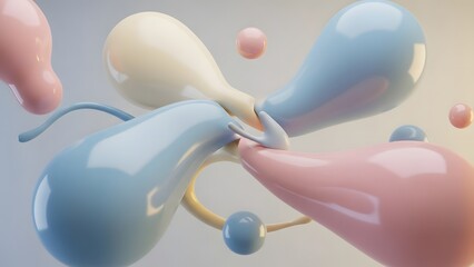 Abstract 3d rendering featuring interconnected glossy pastel shapes and spheres