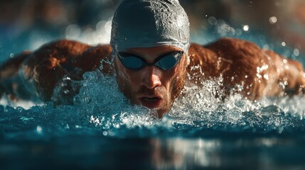 Swimmer performs a competitive stroke in a pool while focused on achieving a fast time and improving technique during training sessions