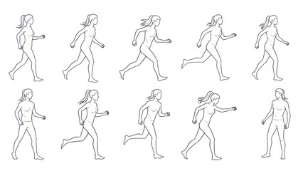 Woman running animation sequence isolated on white background