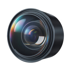 Modern camera lens isolated on a black background, highlighting its intricate design and reflective surface